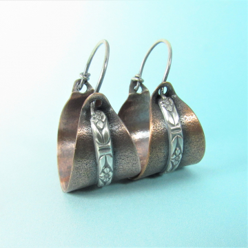 Sterling Silver And Copper Basket Earrings, Mixed Metal Hoops By Mocahete, Great For Everyday Wear