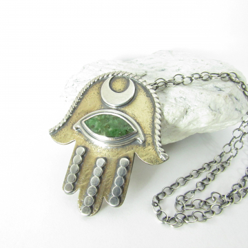 Silver, Bronze And Jade Hamsa Pendant, Evil Eye Amulet Necklace, Artisan Metalsmith Jewelry