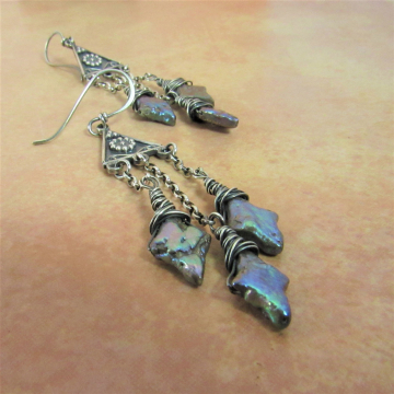 Long Sterling Silver Freshwater Pearl Earrings, Iridescent Bohemian Statement Earrings