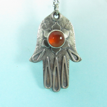 Argentium Sterling Silver And carnelian Hamsa Pendant Necklace