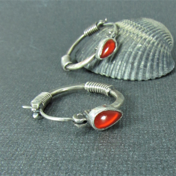 Carnelian Hoop Earrings, Argentium Sterling Silver Earrings By Mocahete, Tribal Design Influence