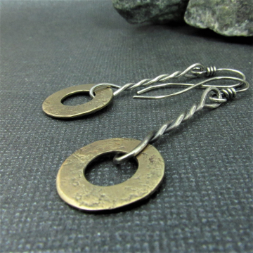 Bronze Disk Earrings With Argentium Sterling Silver, Mixed Metal Earrings, Simple, Rustic and Great For Everyday Wear