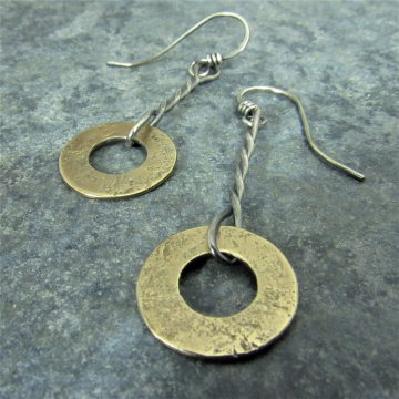 Bronze Disk Earrings With Argentium Sterling Silver, Mixed Metal Earrings, Simple, Rustic and Great For Everyday Wear