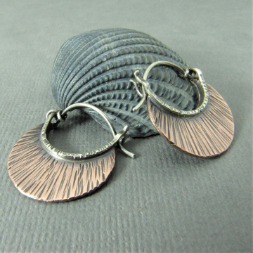 Small Copper Hoop Earrings, Textured Crescent Shape Mixed Metal Hoops, Contemporary Artisan Jewelry
