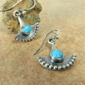 Small Turquoise Earrings In Argentium Sterling Silver, Bali Influence, Tribal Style