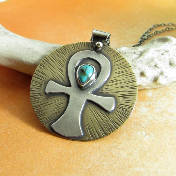 Bronze, Sterling Silver and Turquoise Ankh Pendant Necklace, Mixed Metal Egyptian Inspired Handmade Metalsmith Jewelry