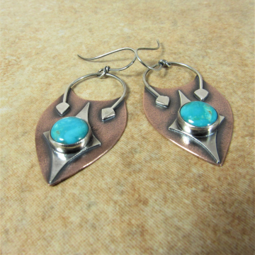 Mixed Metal Turquoise Earrings, Rustic, Bold And Colorful Earrings, Sterling Silver And Copper Two Tone Earrings