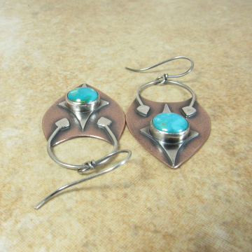 Mixed Metal Turquoise Earrings, Rustic, Bold And Colorful Earrings, Sterling Silver And Copper Two Tone Earrings