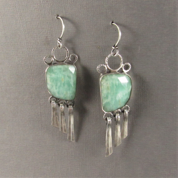Blue Green Amazonite Earrings In Argentium Sterling Silver With Paddle Fringe, Artisan Jewelry