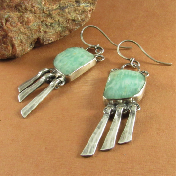 Blue Green Amazonite Earrings In Argentium Sterling Silver With Paddle Fringe, Artisan Jewelry