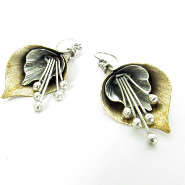 Mixed Metal Lily Earrings, Exotic Flower Earrings In Bronze And Sterling Silver