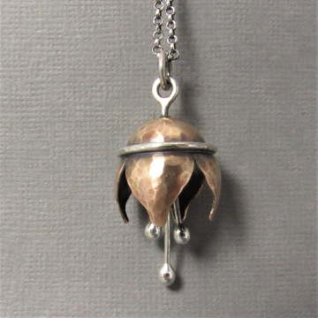 Mixed Metal Bell Flower Necklace, Bronze And Argentium Sterling Silver Bell Pendant By Mocahete