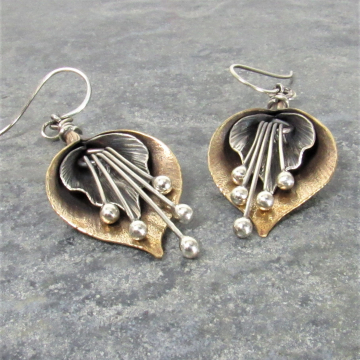 Mixed Metal Lily Earrings, Exotic Flower Earrings In Bronze And Sterling Silver