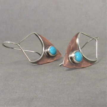 Rustic Silver And Copper Turquoise Earrings, Mixed Metal Shield Pixie Earrings