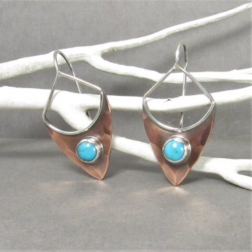 Rustic Silver And Copper Turquoise Earrings, Mixed Metal Shield Pixie Earrings