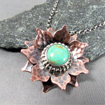 Copper And Sterling Silver Turquoise Lotus Necklace, Mixed Metal Flower Pendant, Metalsmith Jewelry By Mocahete