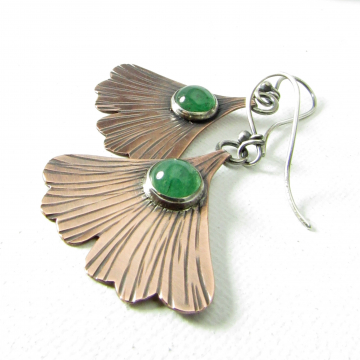 Ginkgo Leaf Earrings, Earthy And Rustic Copper And Green Adventurine Earrings With Sterling Silver Ear Wires