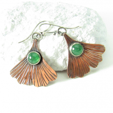 Ginkgo Leaf Earrings, Earthy And Rustic Copper And Green Adventurine Earrings With Sterling Silver Ear Wires
