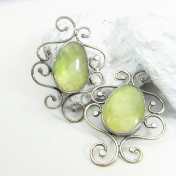One Of A Kind Prehnite And Sterling Silver Earrings With An Exotic Flair