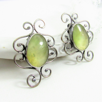 One Of A Kind Prehnite And Sterling Silver Earrings With An Exotic Flair