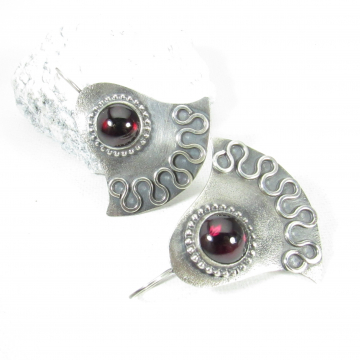 Argentium Sterling Silver Egyptian Lotus Earrings With Large Deep Red Garnets, One Of A Kind Artisan Jewelry