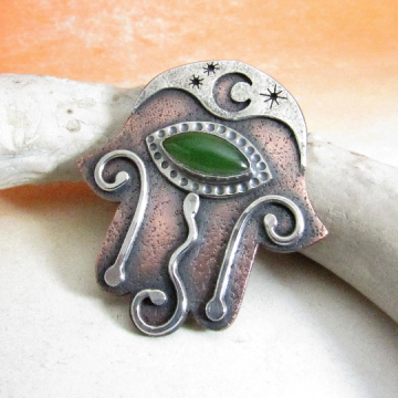 Jade, Copper And Silver Hamsa Pendant