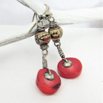 Red Coral Earrings With Sterling Silver And Vintage Peruvian Ceramic Beads, One Of A kind Earrings