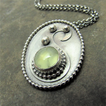 Prehnite Necklace, Paisley Necklace, Argentium Sterling Silver Necklace, OOAK Pendant Necklace Artisan Jewelry, Metalsmith Gemstone Necklace