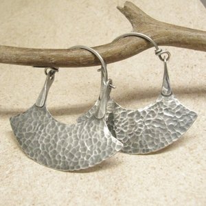 Large Sterling Silver Tribal Earrings, Forged Blade Hoop Earrings, Rustic Urban Metalsmith Jewelry