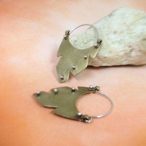 Geometric Feather Earrings, Mixed Metal Brass And Silver Tribal Hoops, Southwestern Statement Jewelry