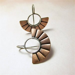 Contemporary Copper Earrings,  Small Two Tone Fan Earrings,  Modern Mixed Metal Artisan Metalsmith Jewelry