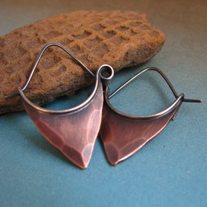 Hammered Copper Earrings, Sterling Silver Ear Wire, Tribal Pixie Style