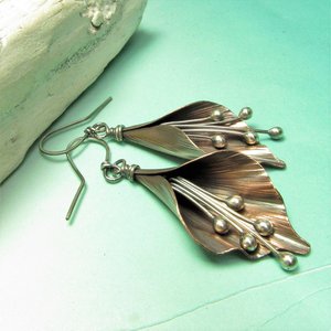 Handcrafted Lily Flower Earrings, Copper and Argentium Sterling Silver