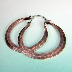 Hammered Copper Hoop Earrings, Sterling Silver Wires, Boho Rio Style