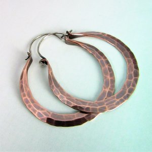 Hammered Copper Hoop Earrings, Sterling Silver Wires, Boho Rio Style