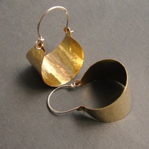 Hammered Brass Hoop Earrings, Sterling Silver Ear Wire
