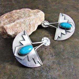 Turquoise Thunderbird Earrings,  Southwest Argentium Silver Jewelry