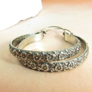 Large Sterling Silver Hoop Earrings, Romantic Rose Floral Metalwork