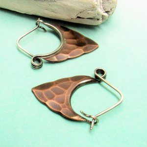 Hammered Copper Earrings, Sterling Silver Ear Wire, Tribal Pixie Style