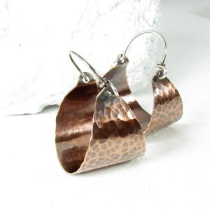 Hammered Copper Basket Hoop Earrings, Rustic Sterling Silver Wires
