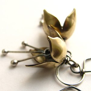 Small Bell Flower Earrings, Mixed Metal Sterling Silver And Bronze Earrings, Handcrafted Metalwork Jewelry