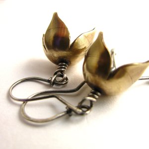 Small Bell Flower Earrings, Mixed Metal Sterling Silver And Bronze Earrings, Handcrafted Metalwork Jewelry