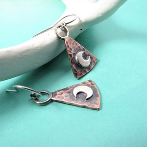 Moon Earrings, Sterling Silver And Copper Earrings, Geometric Mixed Metal  Lunar Jewelry By Mocahete