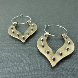 Pinned Lotus Tribal Earrings, Mixed Metal Sterling Silver and Bronze Hoops