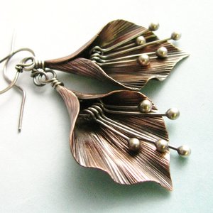 Handcrafted Lily Flower Earrings, Copper and Argentium Sterling Silver