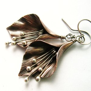 Handcrafted Lily Flower Earrings, Copper and Argentium Sterling Silver