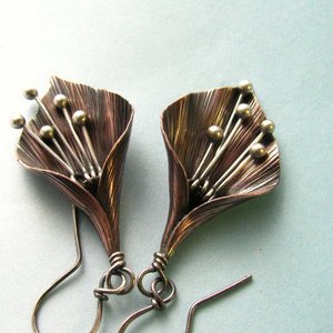 Handcrafted Lily Flower Earrings, Copper and Argentium Sterling Silver