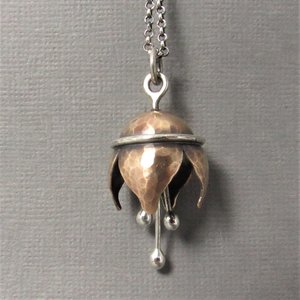Bronze Bell Flower Necklace, Argentium Sterling Silver, Musical Pendant