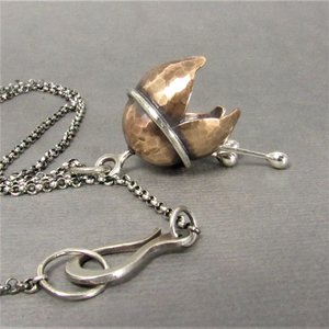 Bronze Bell Flower Necklace, Argentium Sterling Silver, Musical Pendant