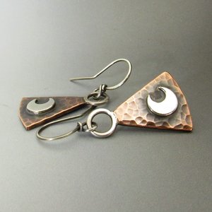 Moon Earrings, Sterling Silver And Copper Earrings, Geometric Mixed Metal  Lunar Jewelry By Mocahete